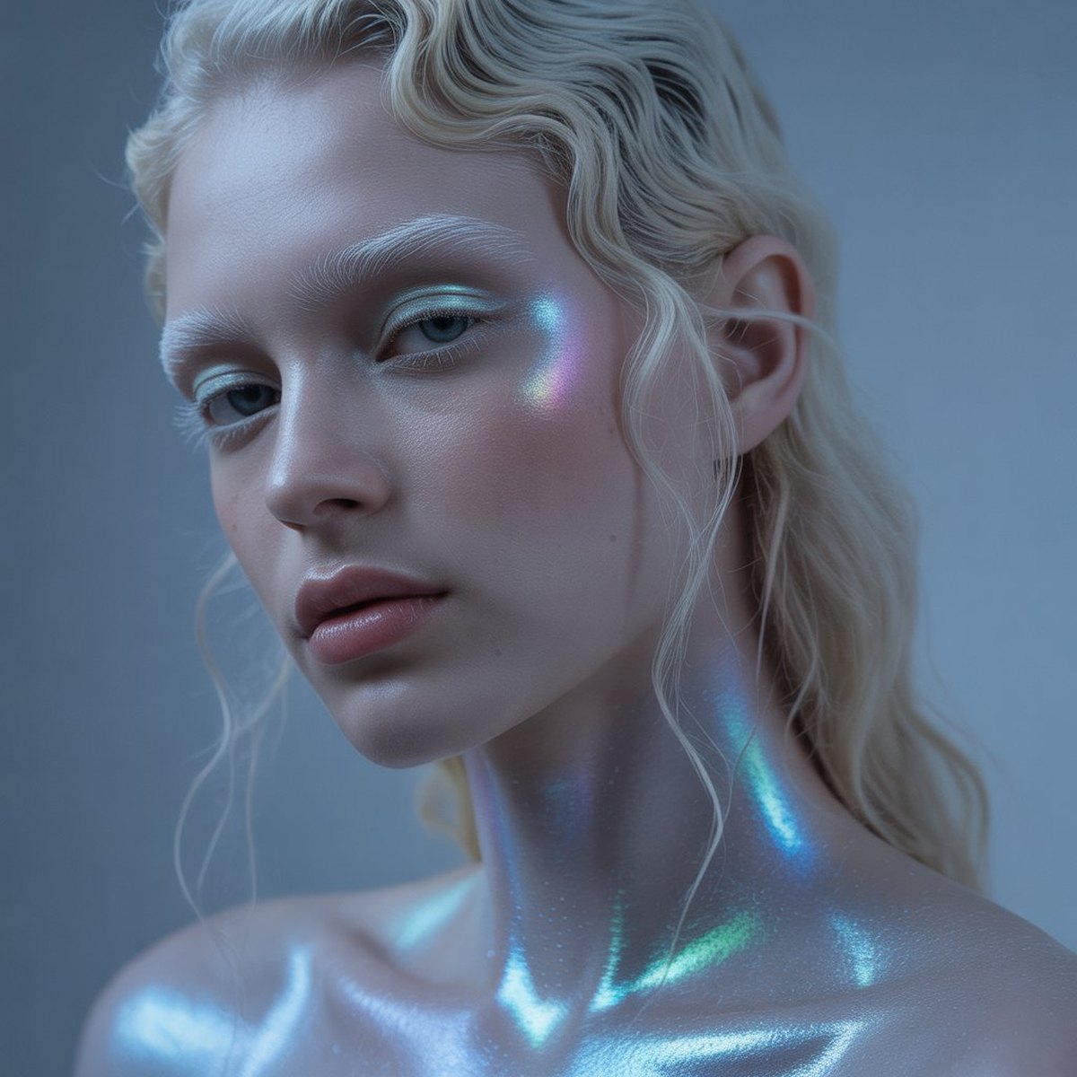 Iridescent beauty portrait — refracted light across pale skin