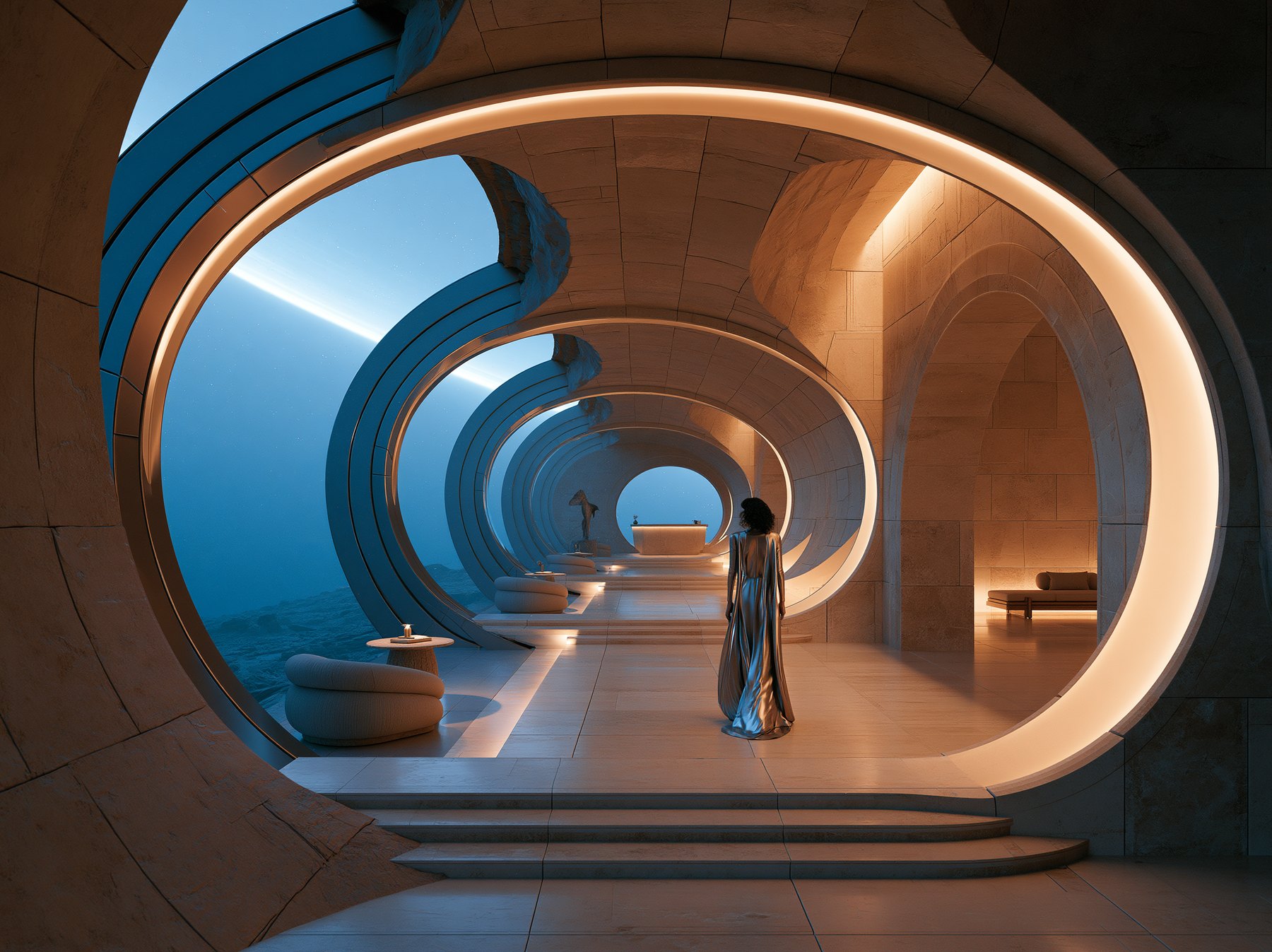 A curved stone corridor lit by a continuous arc of light, a figure in silver walking toward the far room