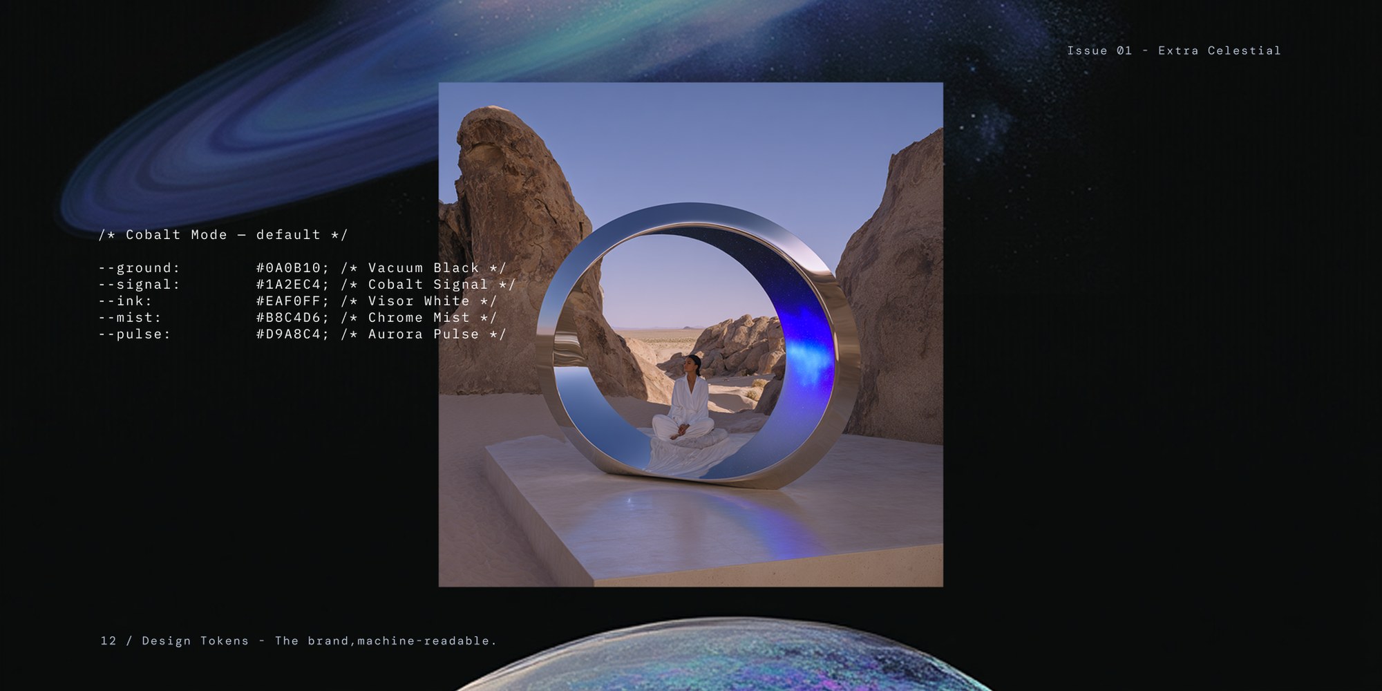 Extra Celestial — Cobalt Mode design tokens beside a chrome portal in the desert