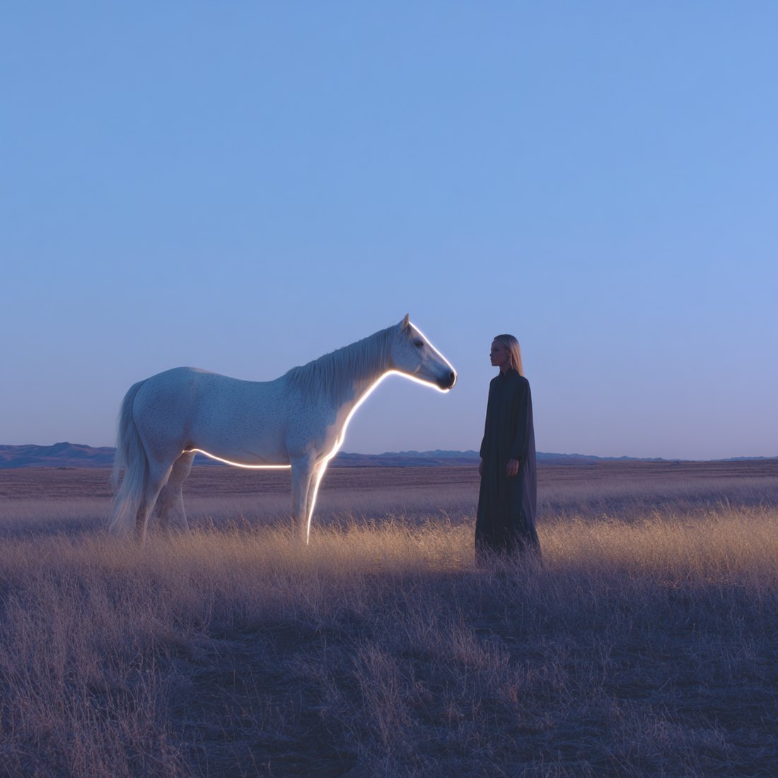 The kept frame — a living white horse beside a cloaked figure
