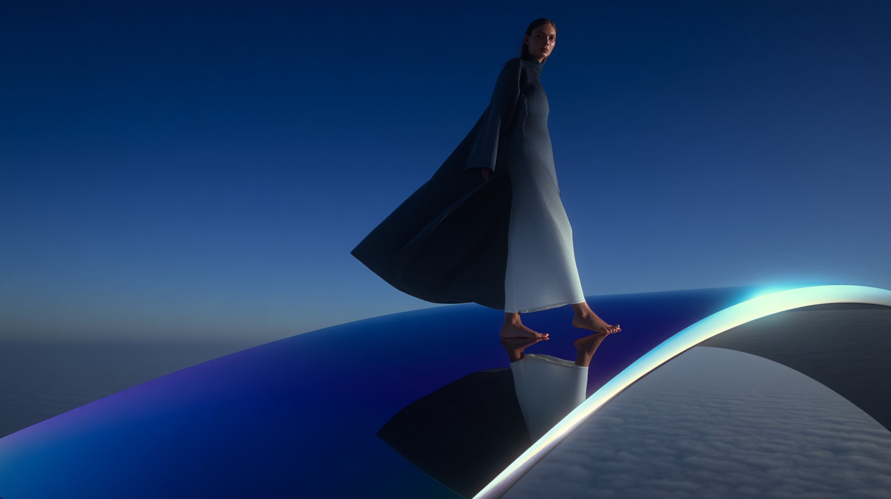 A figure walking a curved mirrored horizon above cloud