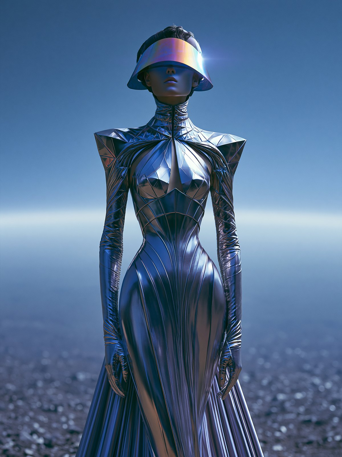 The killed frame — a sculptural silver gown with a mirrored visor on a pale plain