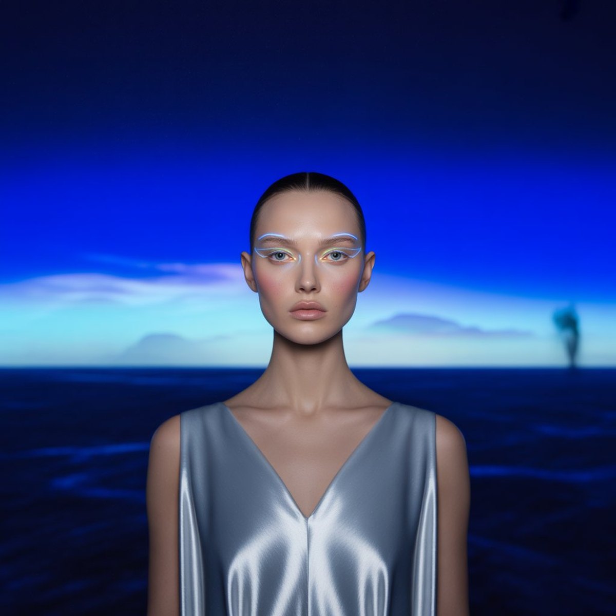 A figure in liquid silver facing the camera against a cobalt sea