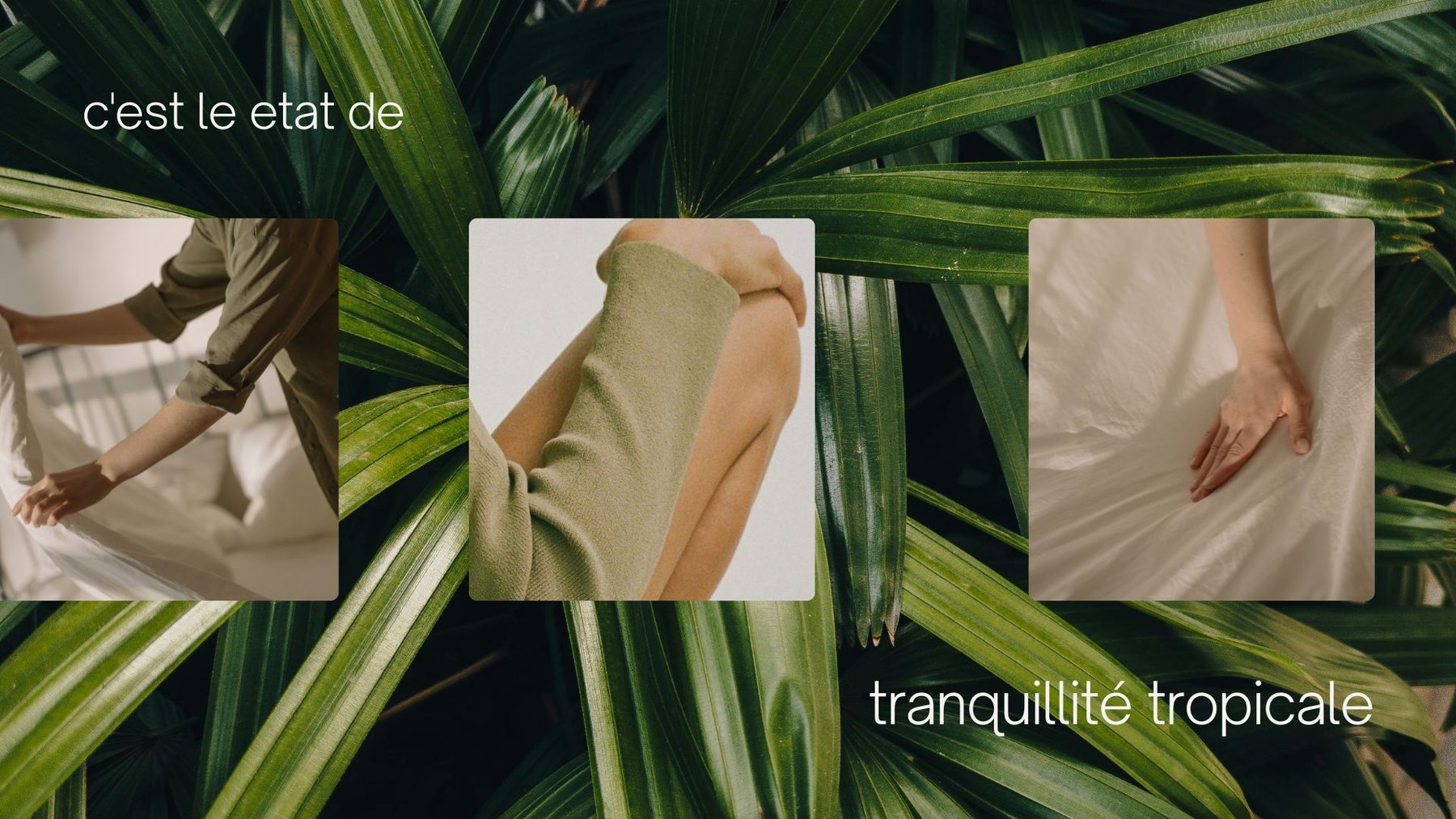 C'est le état de tranquillité tropicale — art-direction board, linen and skin details set into palm fronds