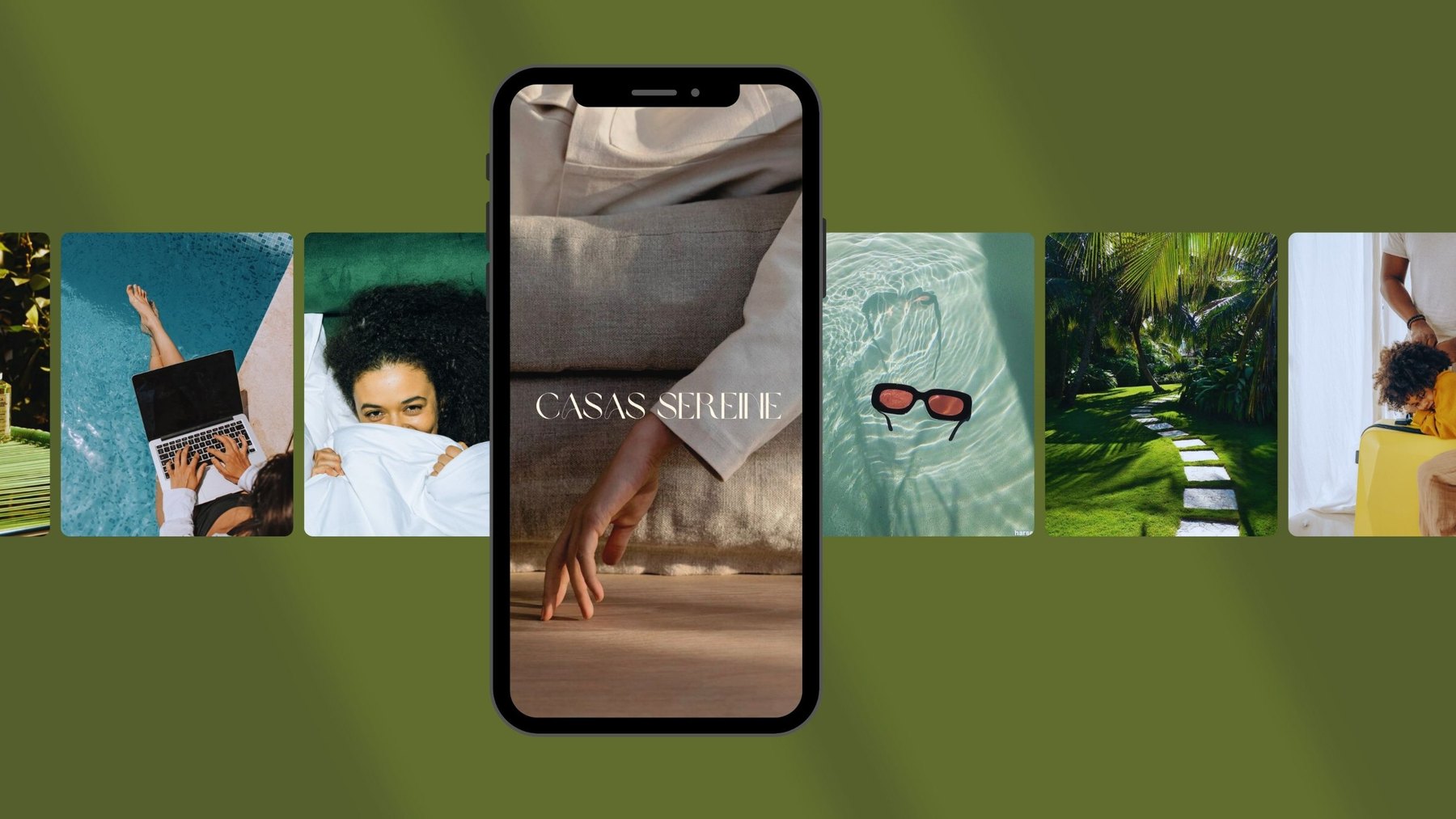Casas Sereine on mobile — the splash screen centred in a strip of guest lifestyle photography