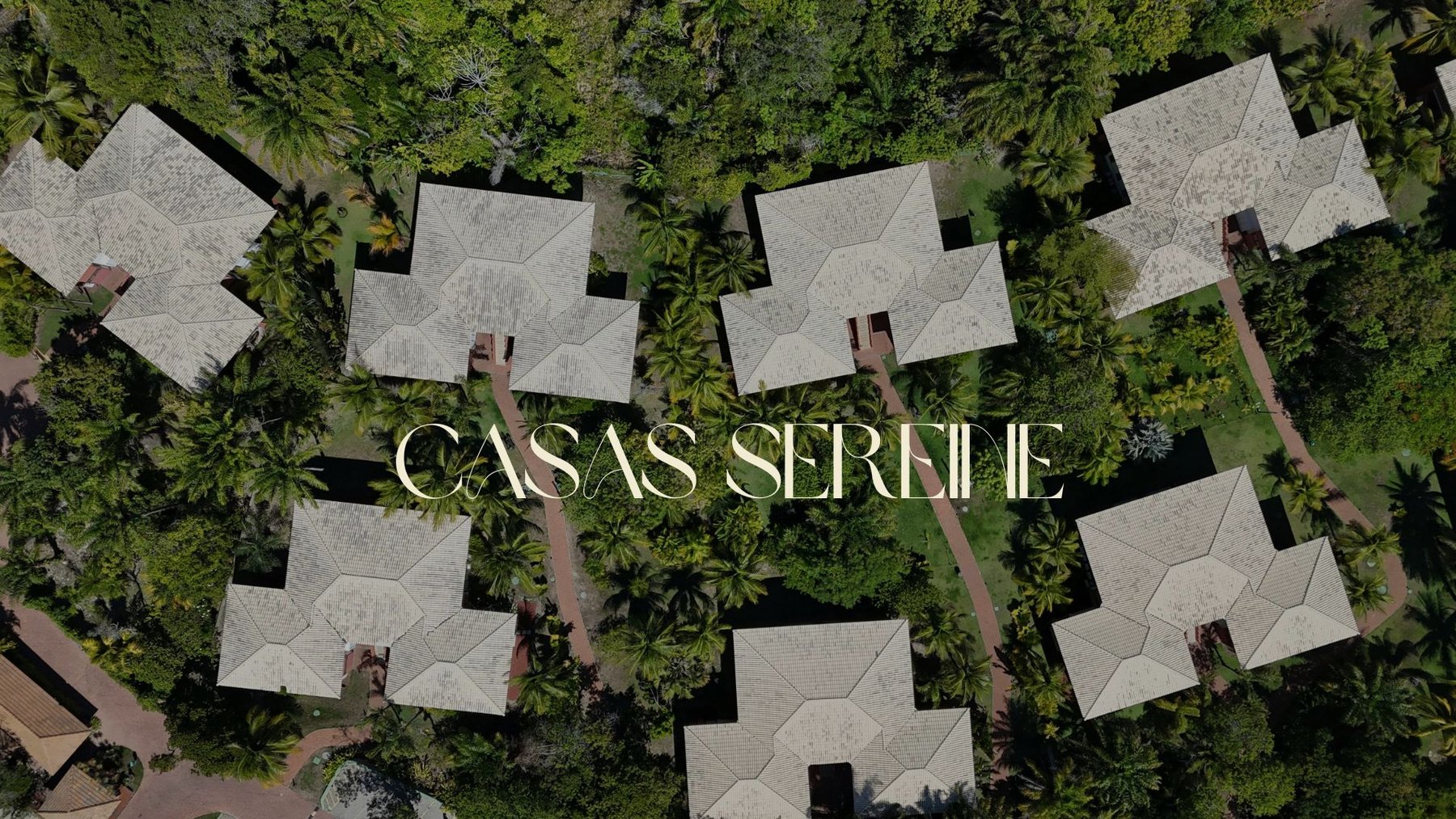 Casas Sereine from above — the villas and palm canopy with the wordmark in cream