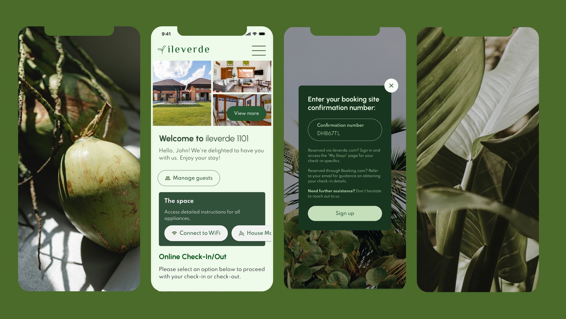 ileverde guest app — welcome screen, booking-confirmation lookup and online check-in