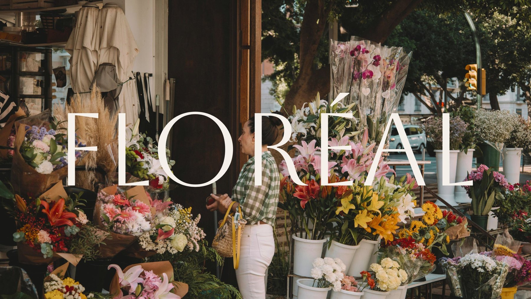 Floréal storefront — the wordmark set over a flower market