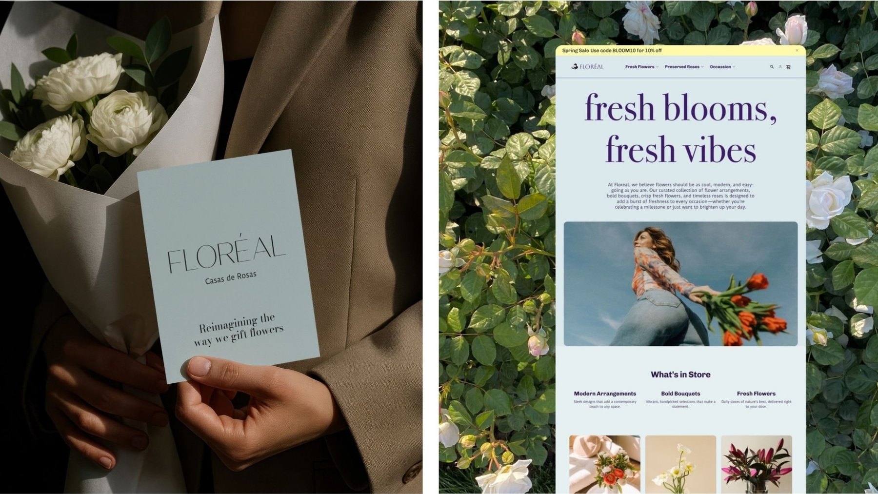 Floréal identity — the printed card held with a bouquet, beside the fresh blooms homepage