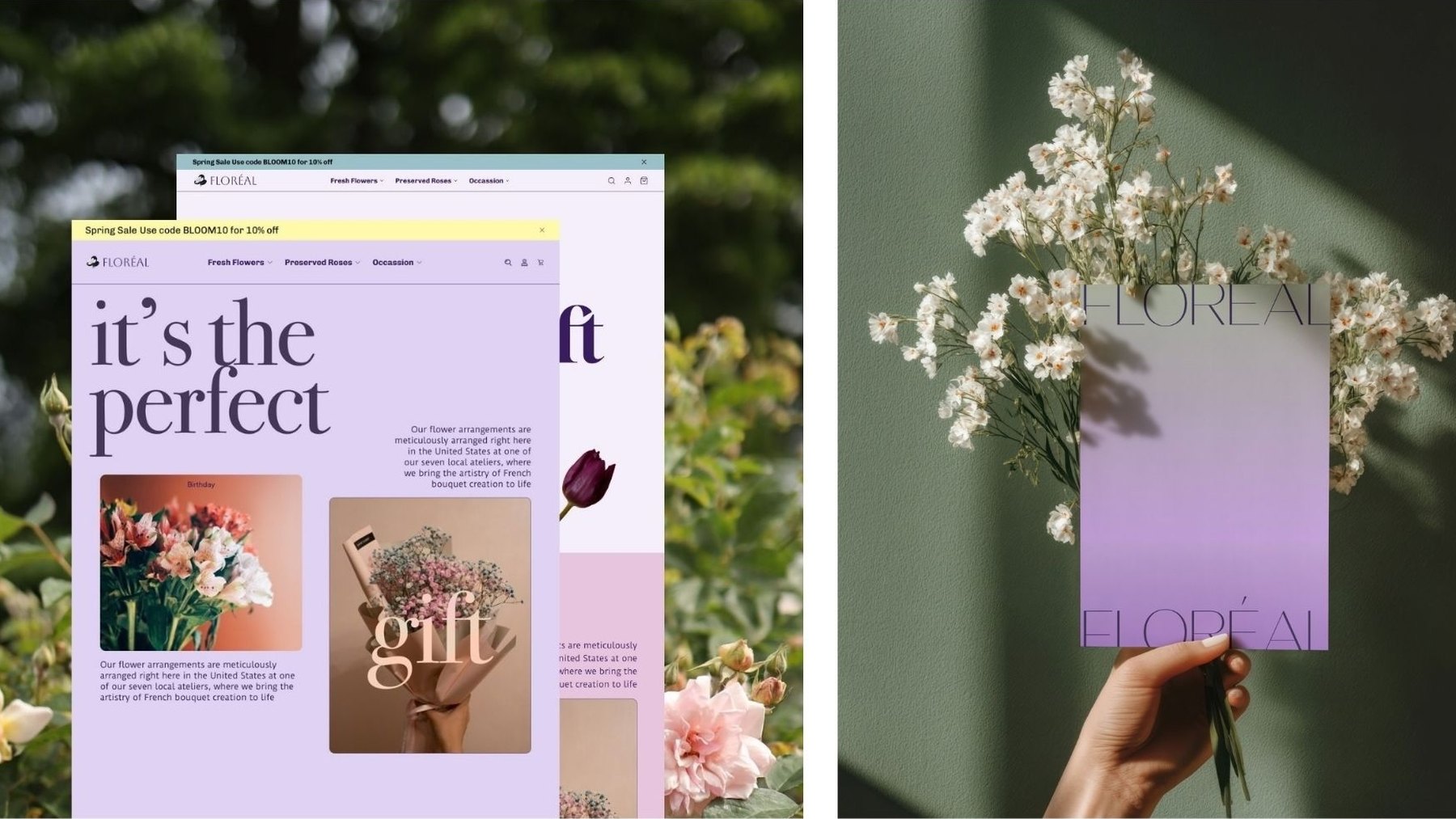 Floréal storefront on desktop — it's the perfect gift — beside the gradient brand card