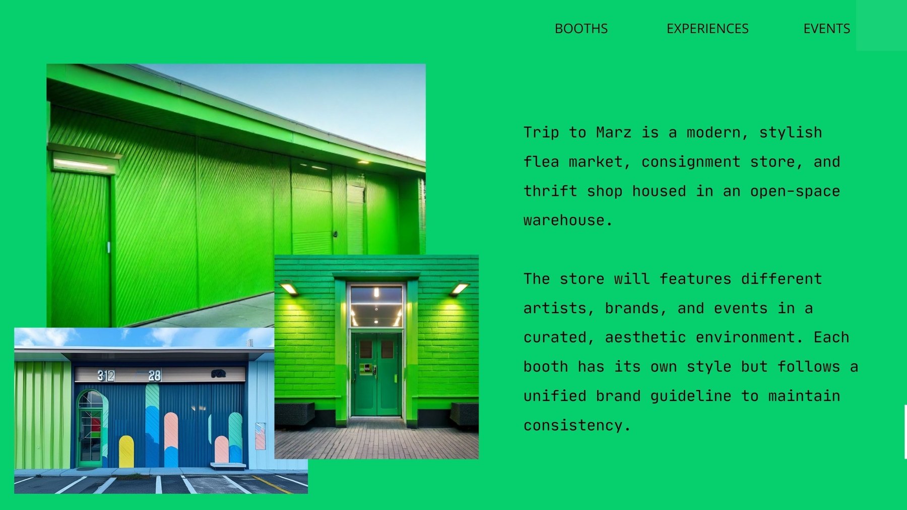 Trip to Marz storefront page — the green warehouse exteriors beside the market's own description, with Booths, Experiences and Events in the nav
