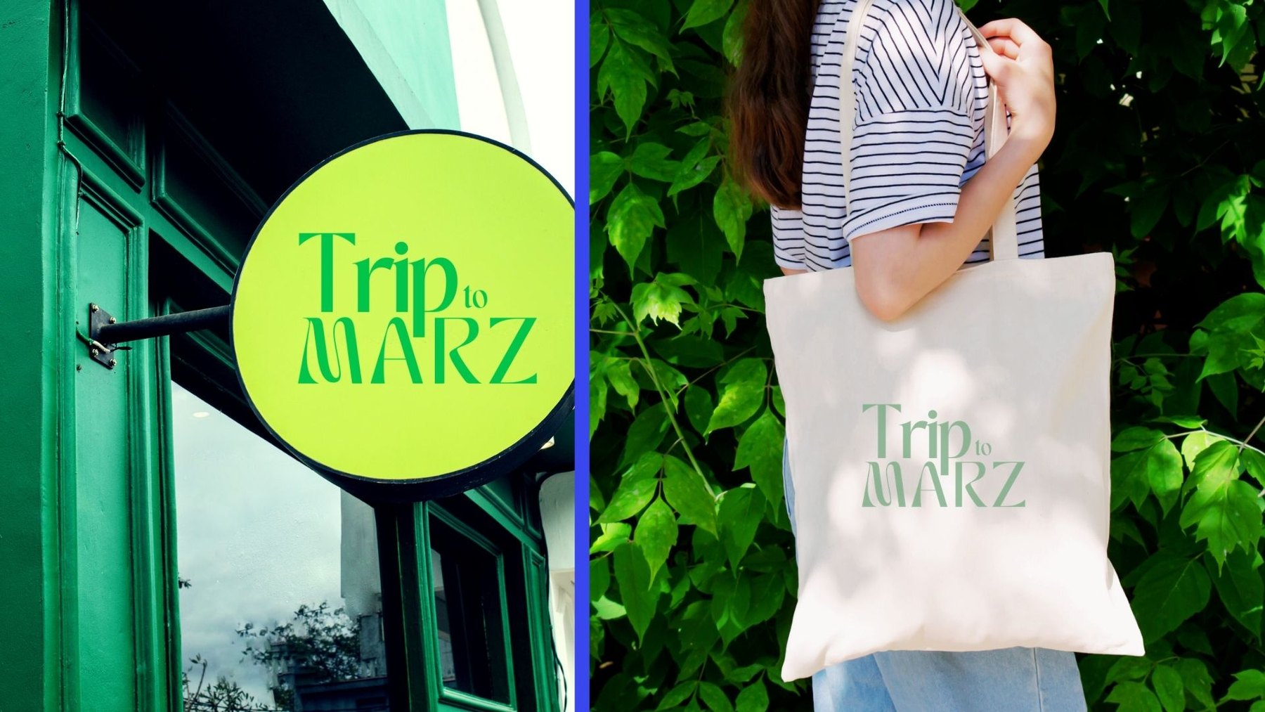 Identity applied — the lime circular sign on a green shopfront, and the wordmark on a canvas tote