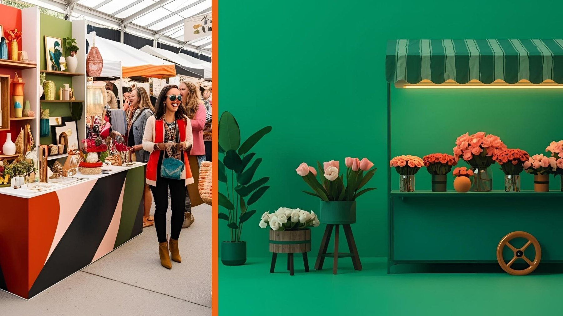 The booth environment — market photography beside a rendered flower cart in the brand green