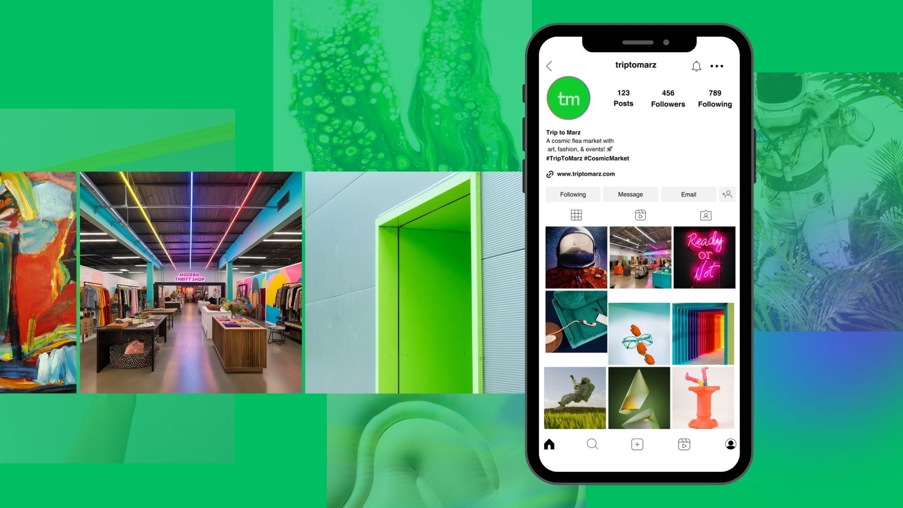 Trip to Marz Instagram system — the triptomarz profile grid set into a field of brand-green textures