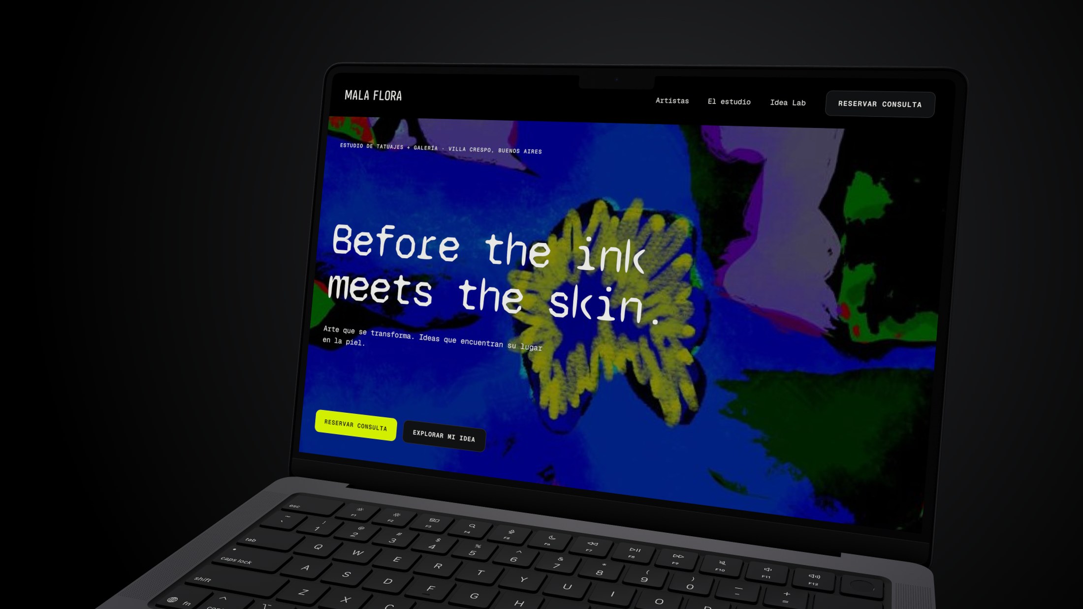 Mala Flora — the site on a laptop, Before the ink meets the skin set over the halftone botanical