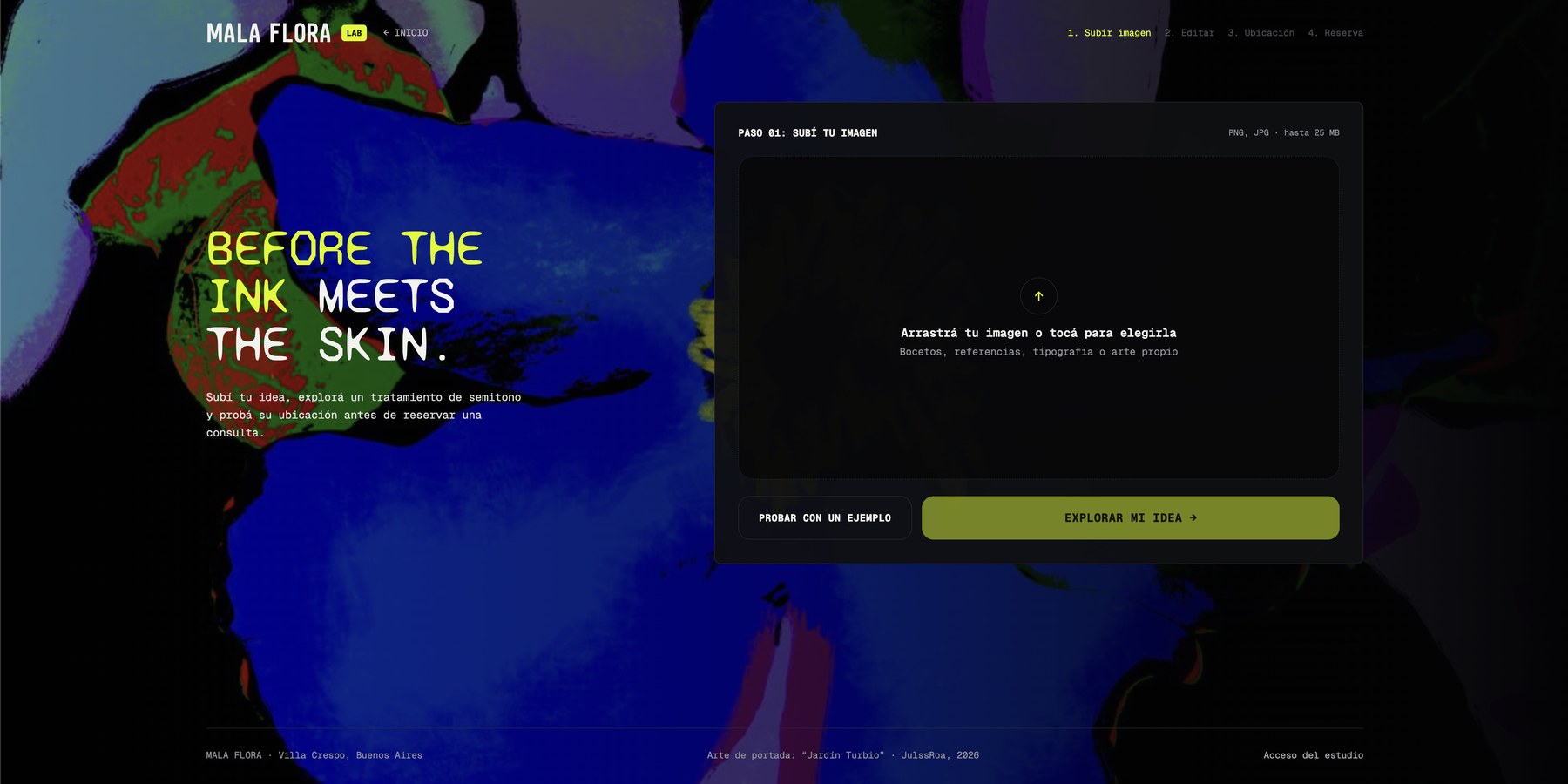Idea Lab, step one — the upload panel open over the halftone botanical hero