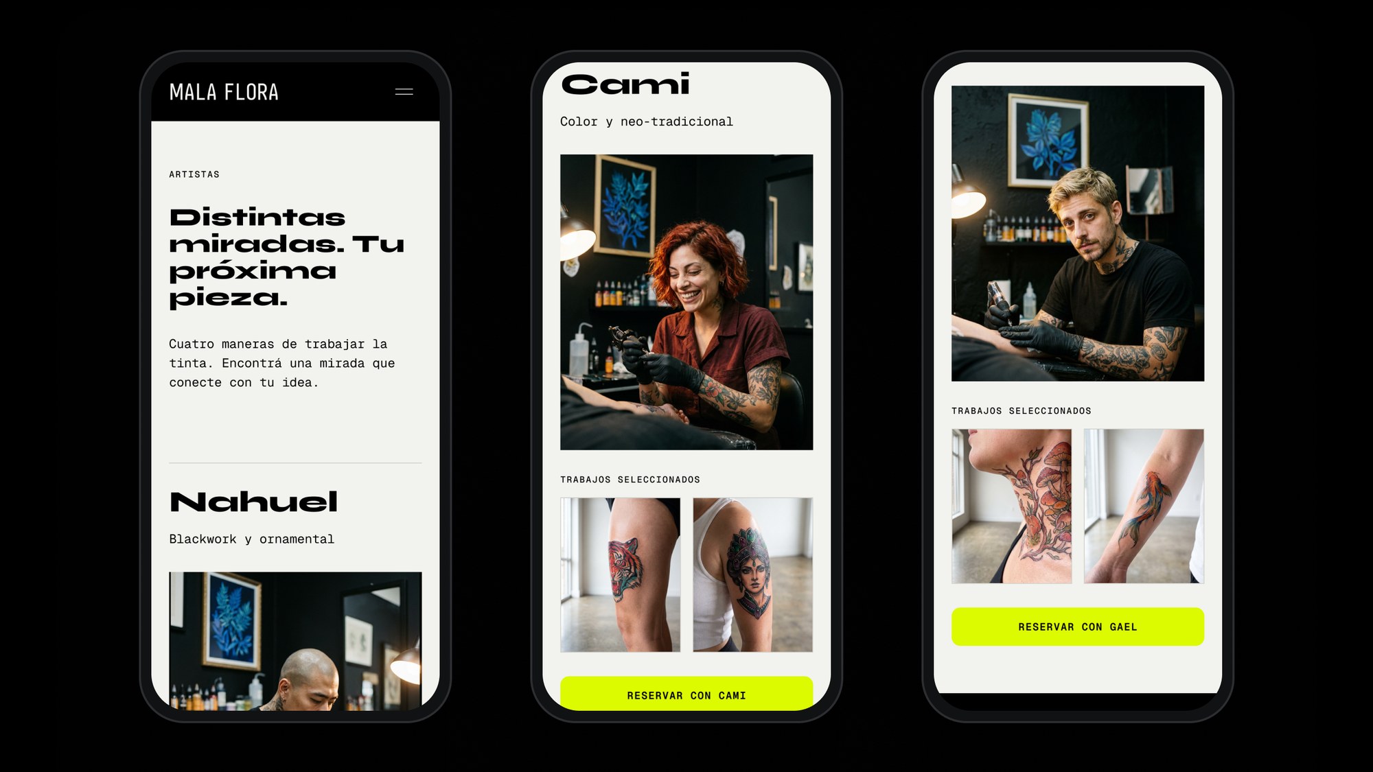 The artists section on mobile — the index, Cami's page and Gael's page, each ending in a booking button