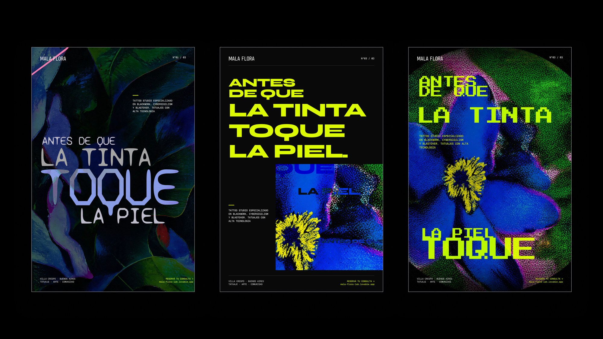 The three-poster campaign series — Antes de que la tinta toque la piel, set in acid lime over halftone botanicals