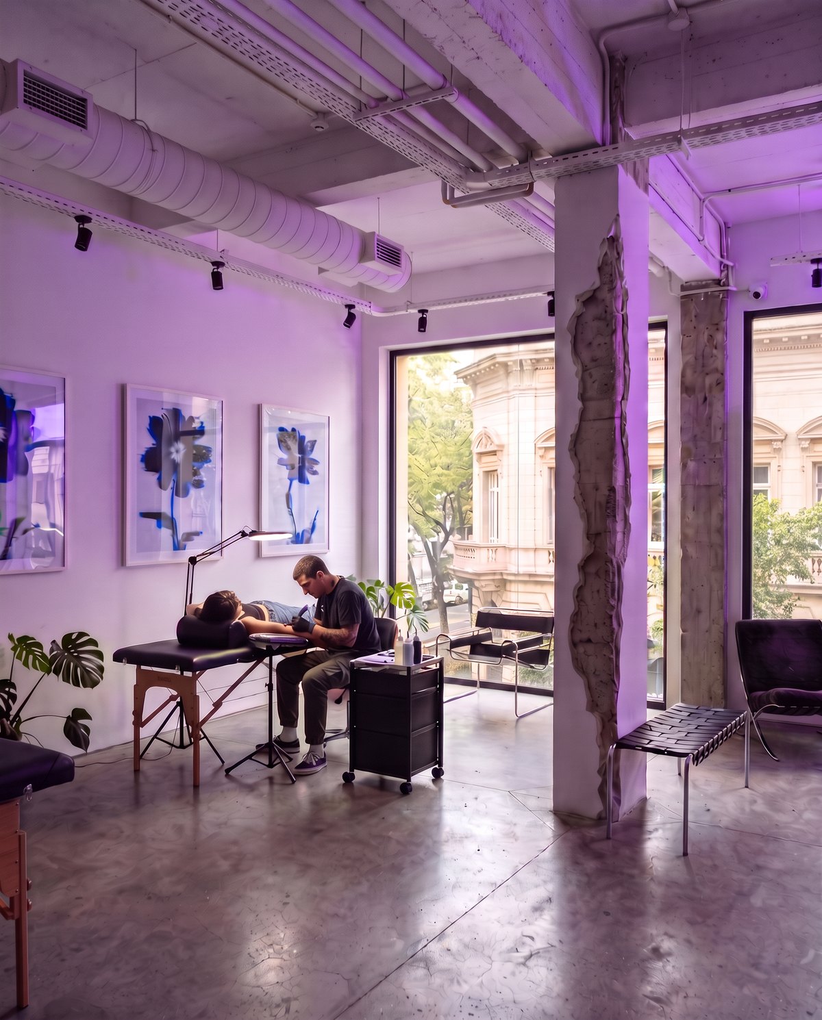 The second-floor studio — exposed concrete columns, lilac light, a session in progress